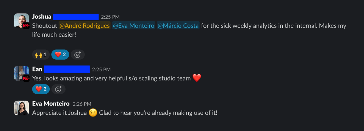 Real Slack message from a Scaling Studio client channel