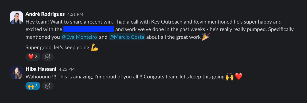 Real Slack message from a Scaling Studio client channel