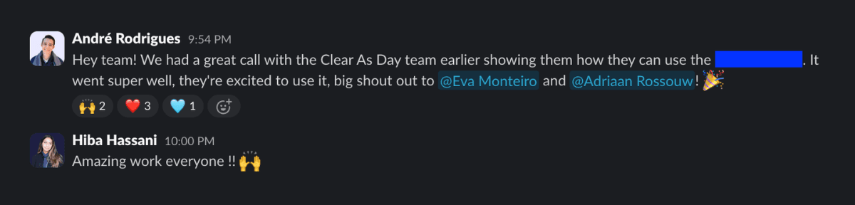 Real Slack message from a Scaling Studio client channel